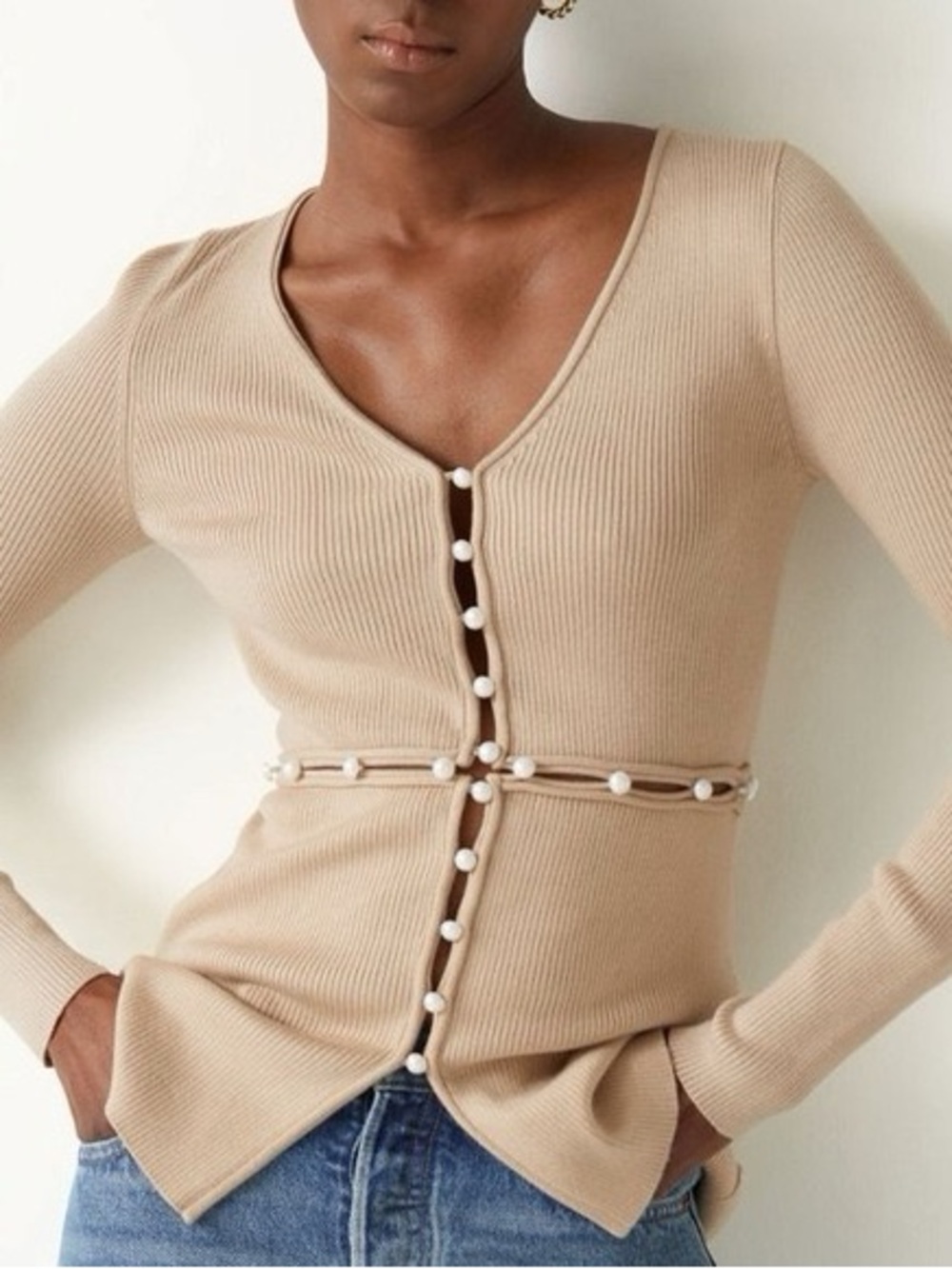 & Other Stories Beige Ribbed Pearl-Trim Top